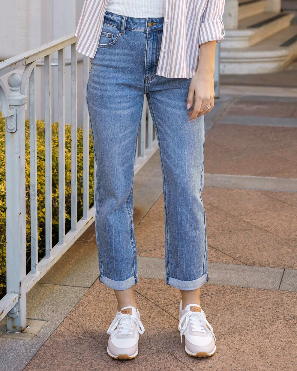 Grace & Lace High-Rise Non-Distressed Girlfriend Jeans - Mid-Wash