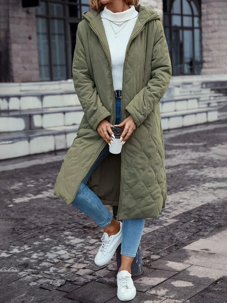 Green Women's Hooded Down Jacket - Long Quilted Coat in Green Colour