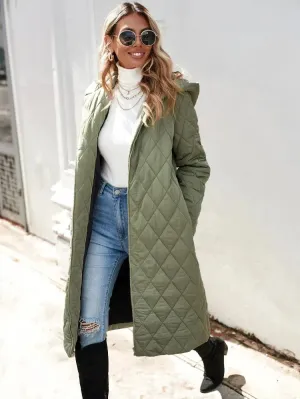 Green Women's Hooded Down Jacket - Long Quilted Coat in Green Colour
