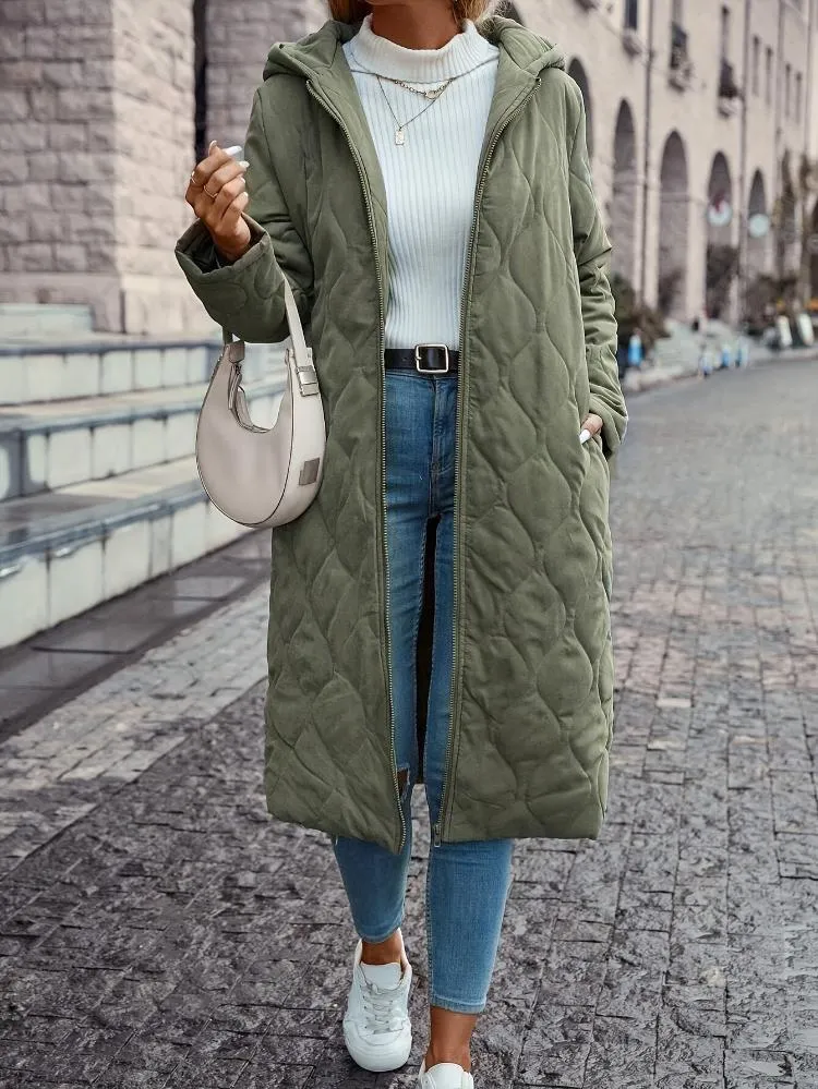 Green Women's Hooded Down Jacket - Long Quilted Coat in Green Colour