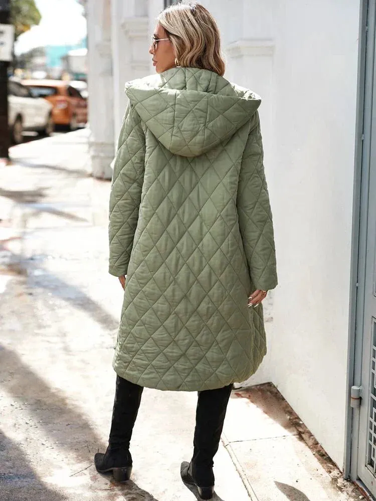 Green Women's Hooded Down Jacket - Long Quilted Coat in Green Colour