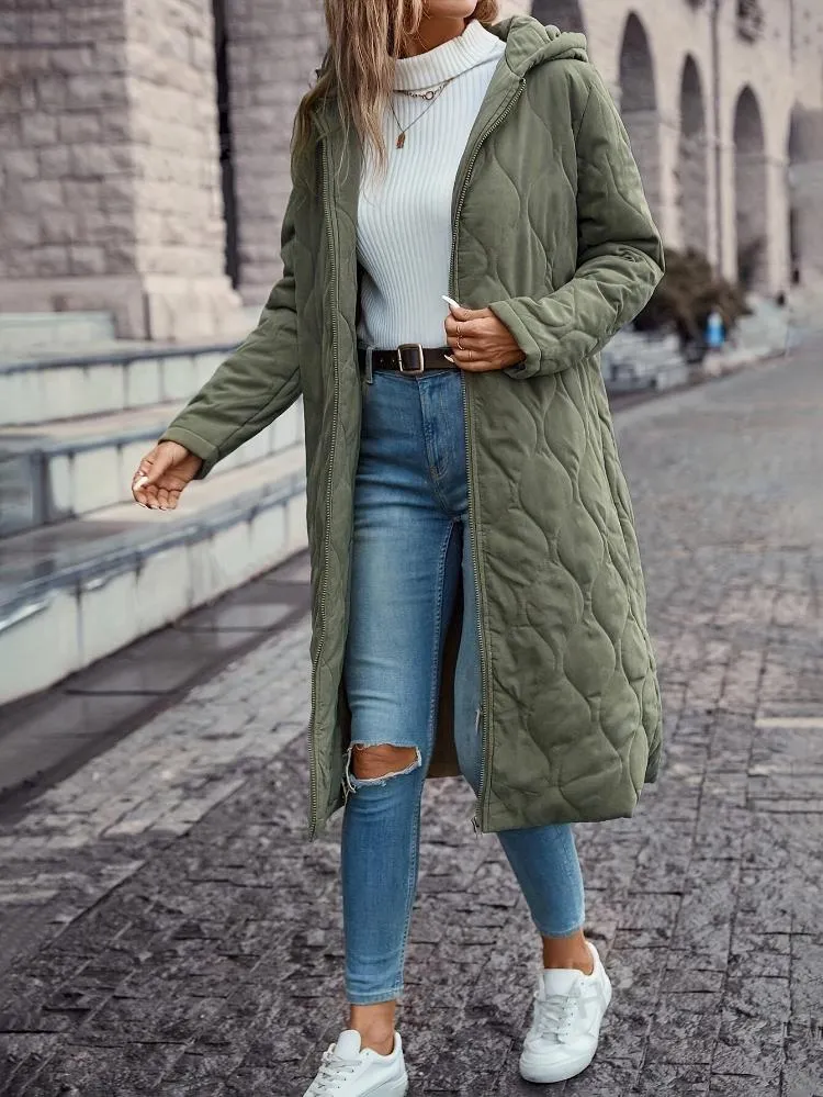Green Women's Hooded Down Jacket - Long Quilted Coat in Green Colour