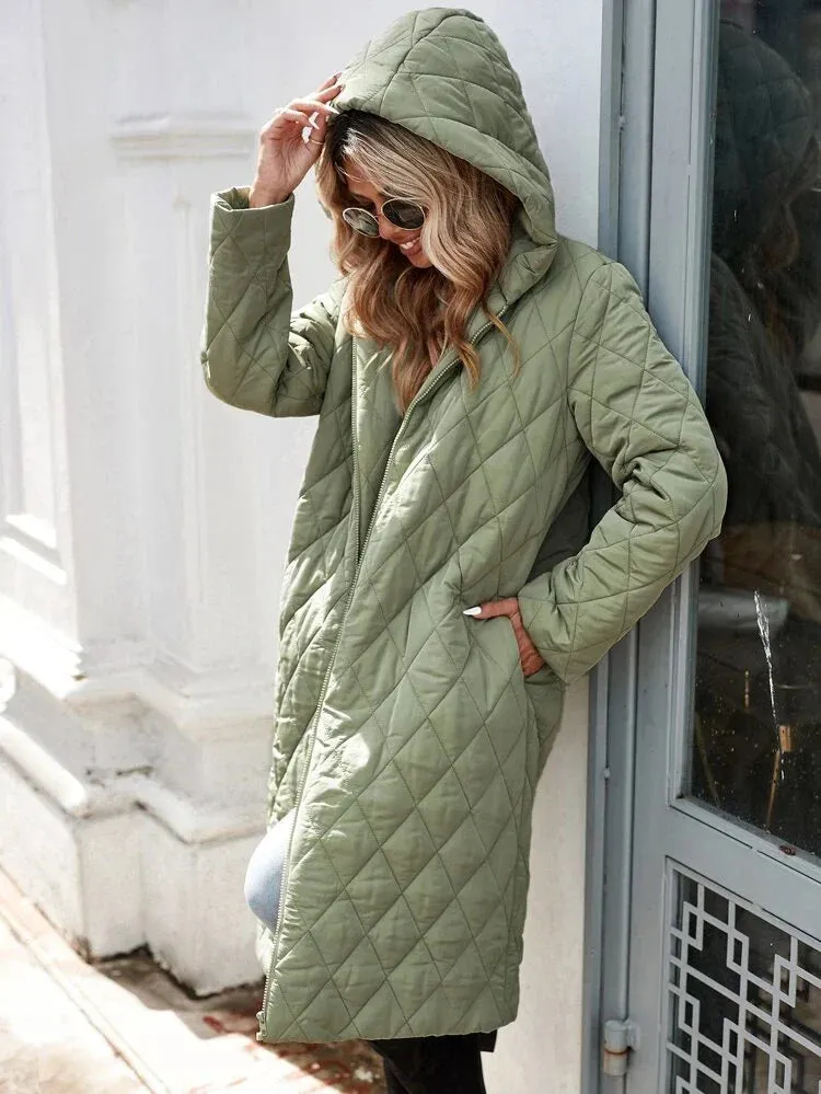 Green Women's Hooded Down Jacket - Long Quilted Coat in Green Colour
