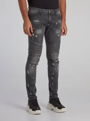 Grey Distressed Biker Jeans