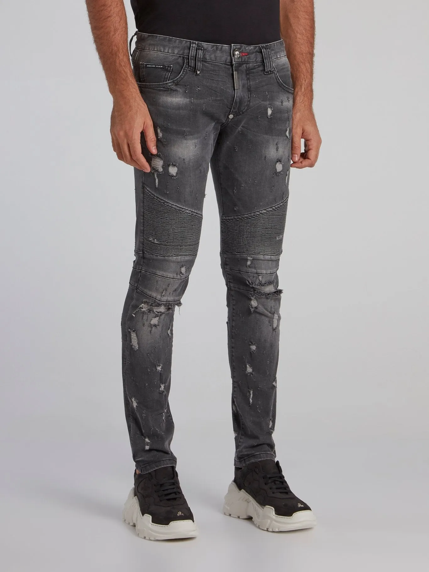 Grey Distressed Biker Jeans