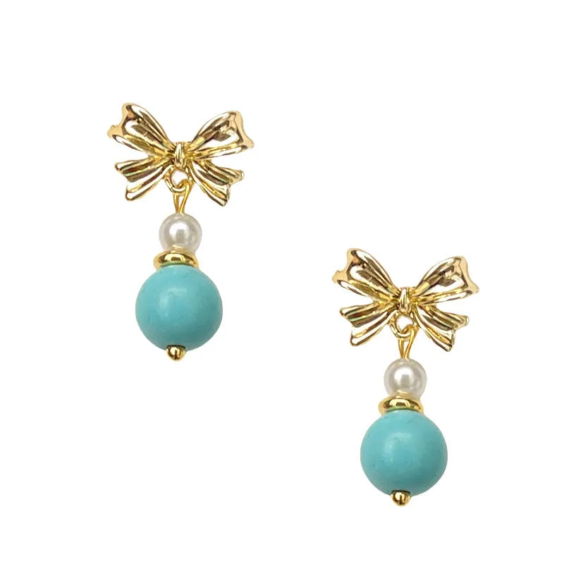 Handmade ethnic style bow turquoise earrings sweet and gentle pearl earrings high-end earrings
