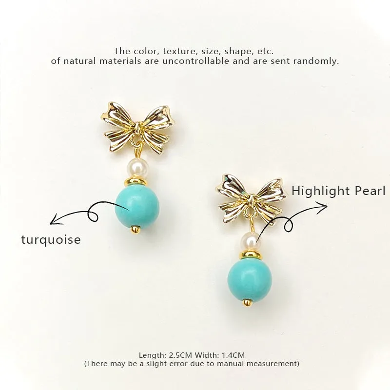 Handmade ethnic style bow turquoise earrings sweet and gentle pearl earrings high-end earrings