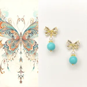 Handmade ethnic style bow turquoise earrings sweet and gentle pearl earrings high-end earrings
