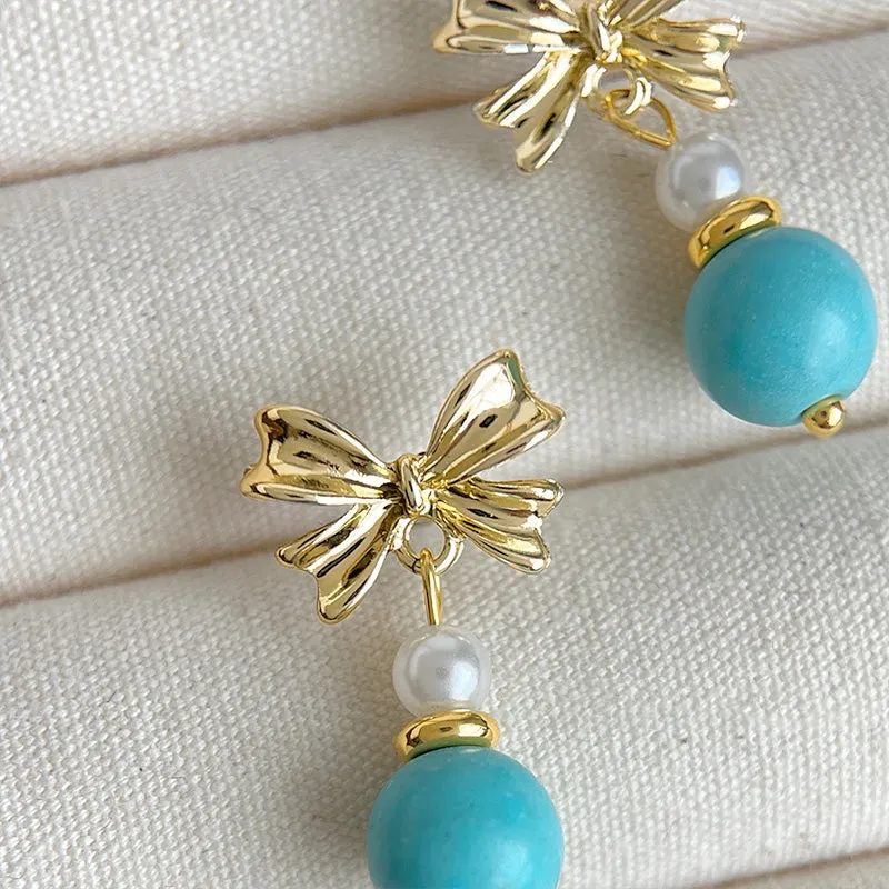 Handmade ethnic style bow turquoise earrings sweet and gentle pearl earrings high-end earrings