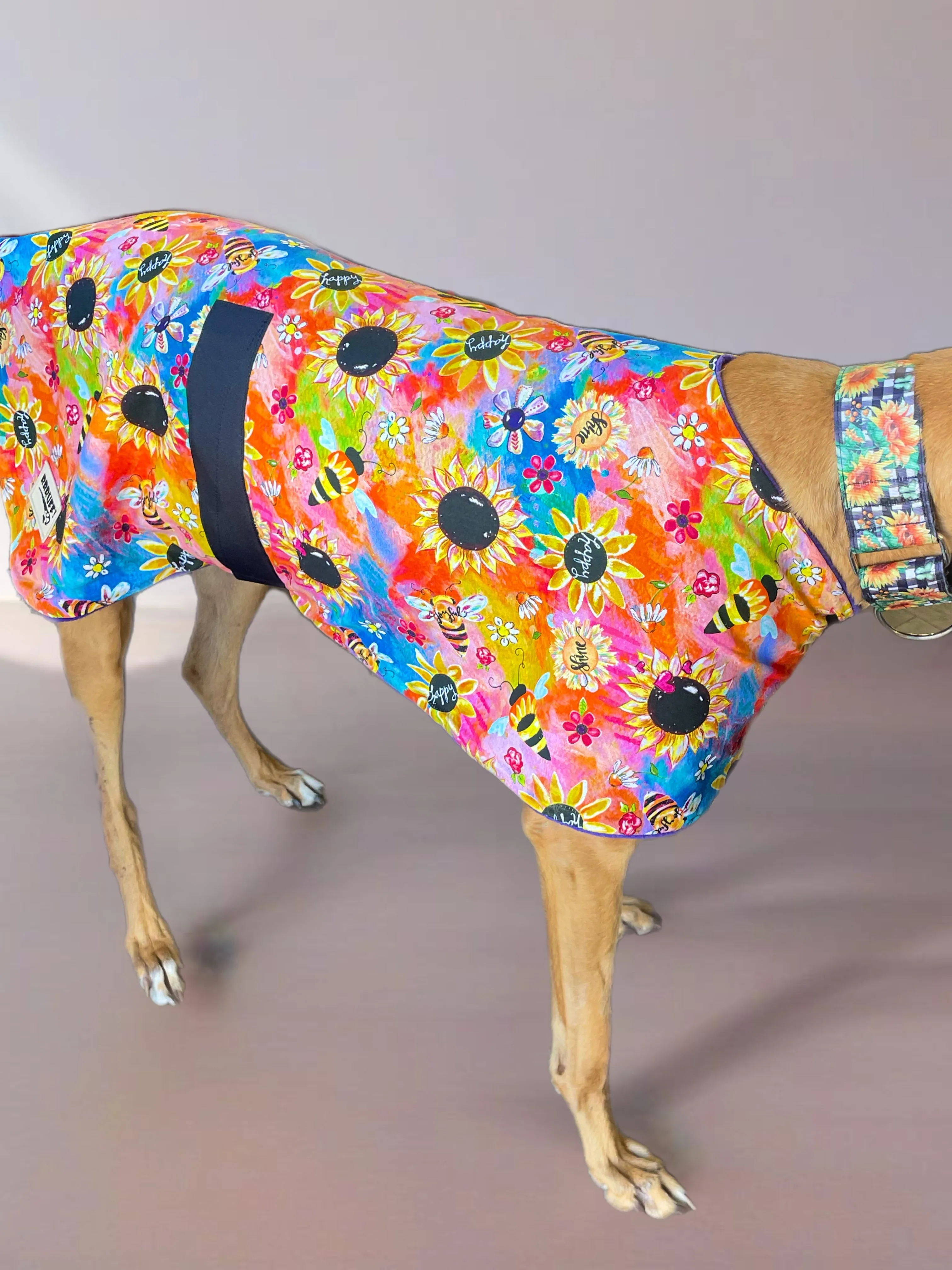 Happy buzz bees classic style Greyhound coat in a lightweight cotton & plush fleece combo washable