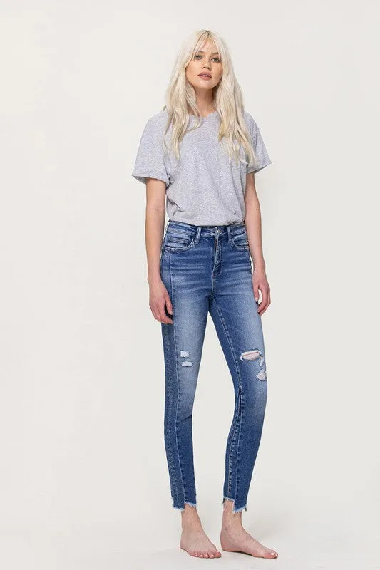 High Rise Ankle Skinny with Uneven Hem Detail - Flying Monkey