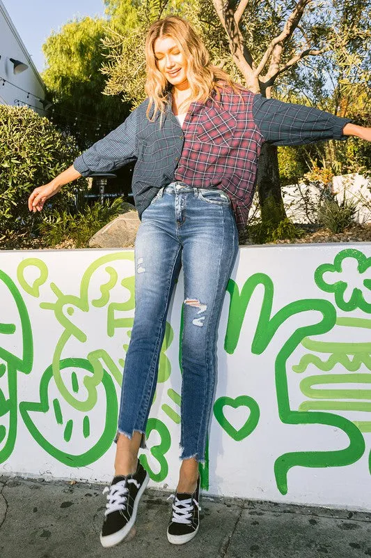 High Rise Ankle Skinny with Uneven Hem Detail - Flying Monkey