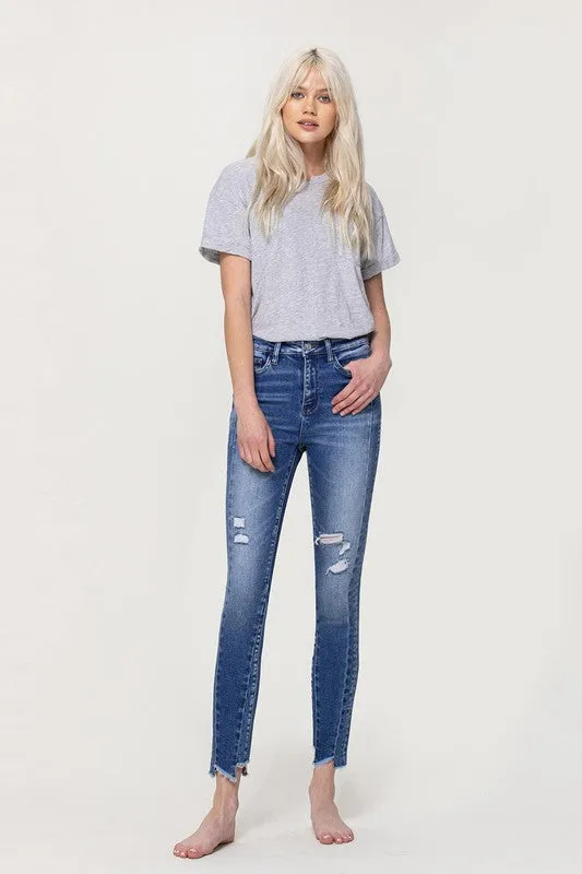 High Rise Ankle Skinny with Uneven Hem Detail - Flying Monkey