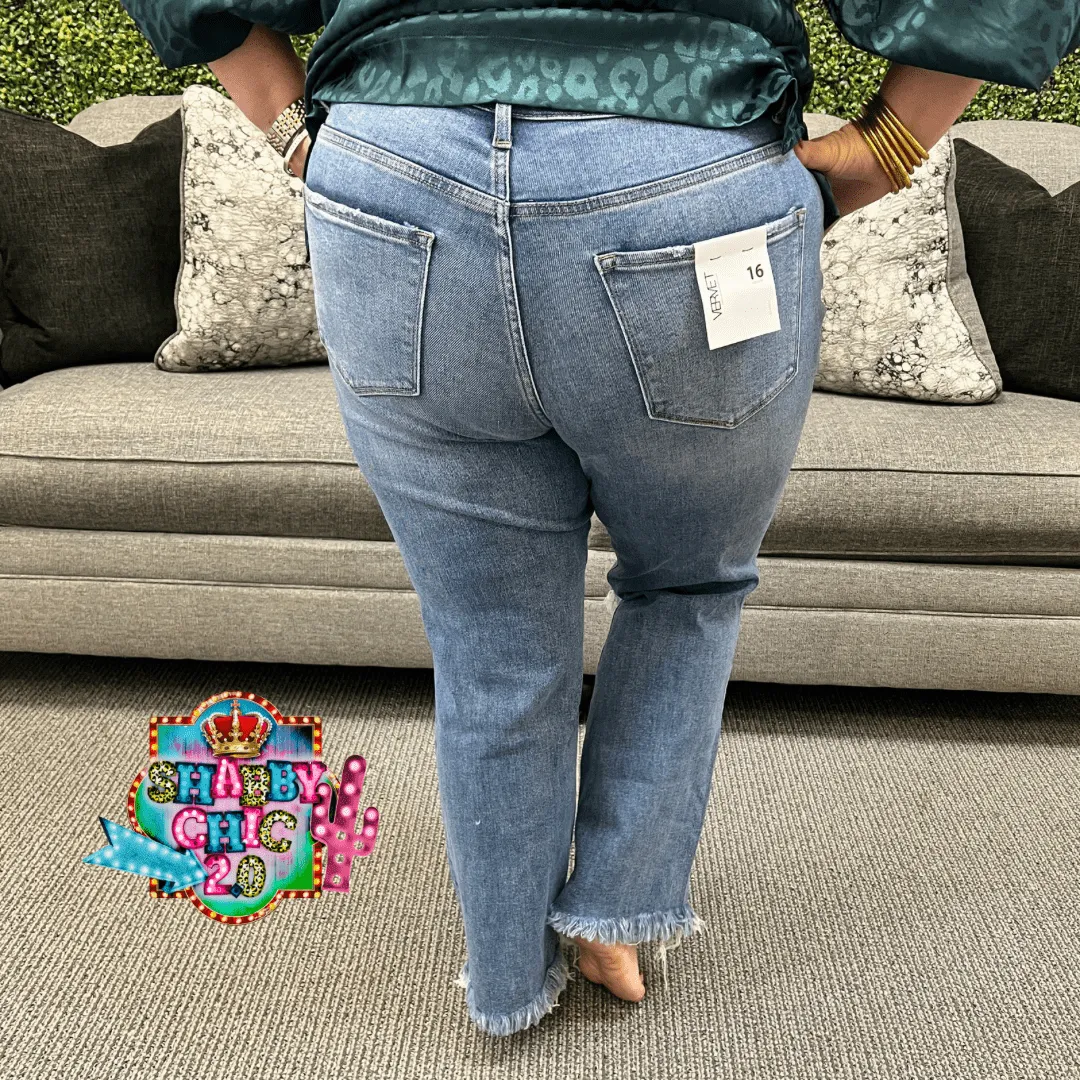 High Rise Stretch Distressed Crop Relaxed Straight Leg Jeans
