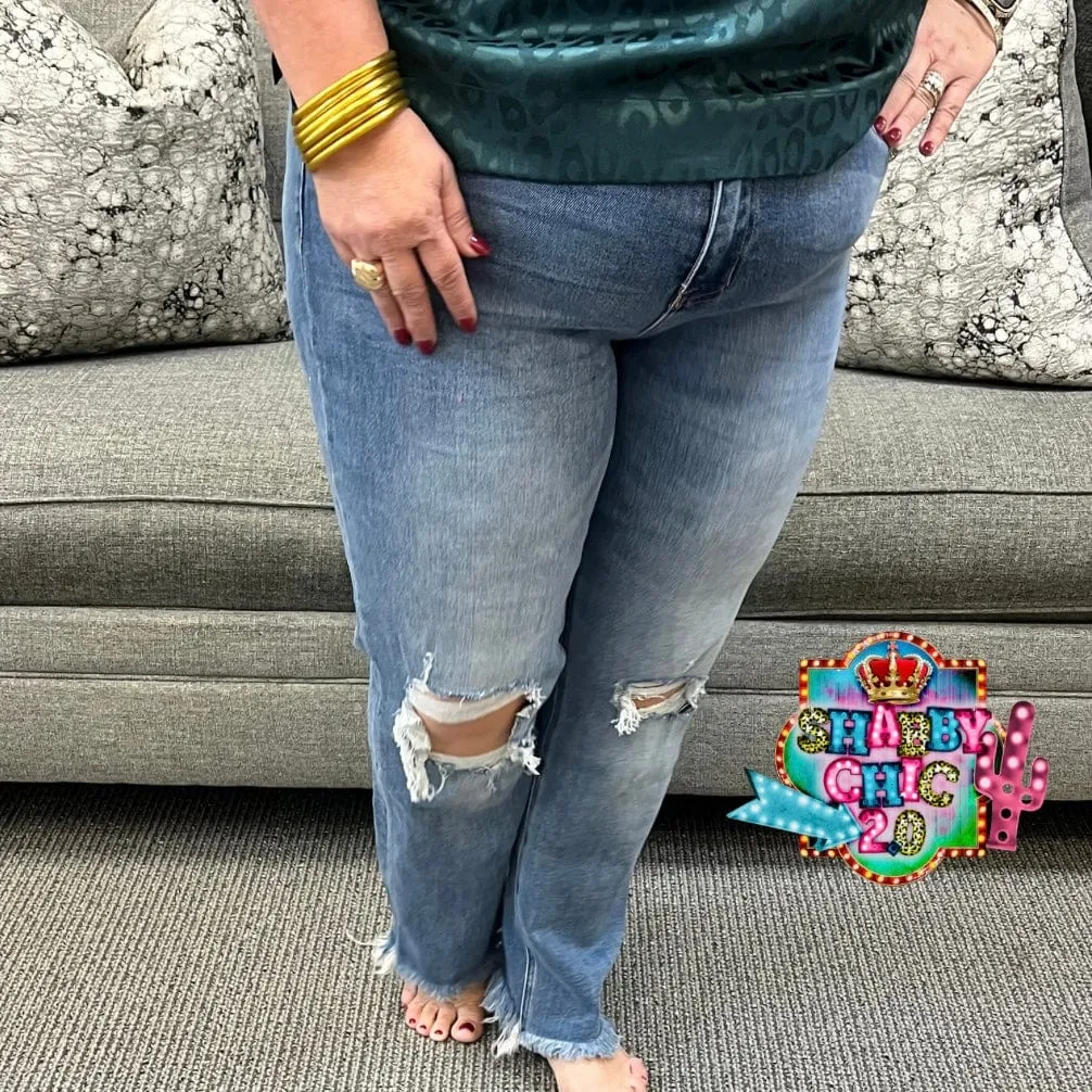 High Rise Stretch Distressed Crop Relaxed Straight Leg Jeans