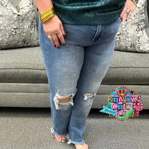High Rise Stretch Distressed Crop Relaxed Straight Leg Jeans