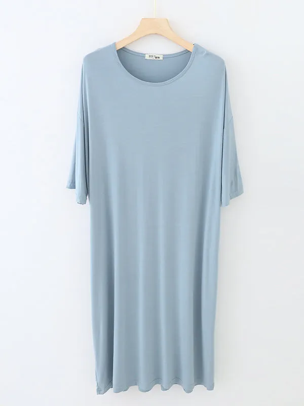 High Waisted Loose Solid Color Split-Joint Round-Neck Pajama Dress