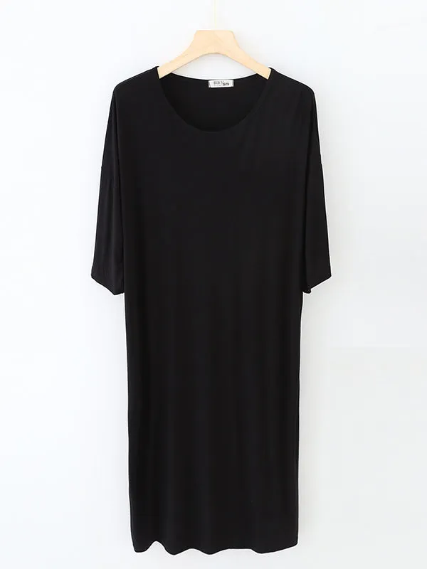 High Waisted Loose Solid Color Split-Joint Round-Neck Pajama Dress