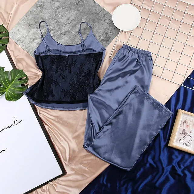 HiLoc Backless Satin Sexy Pajamas Black Lace Pajamas With Pa