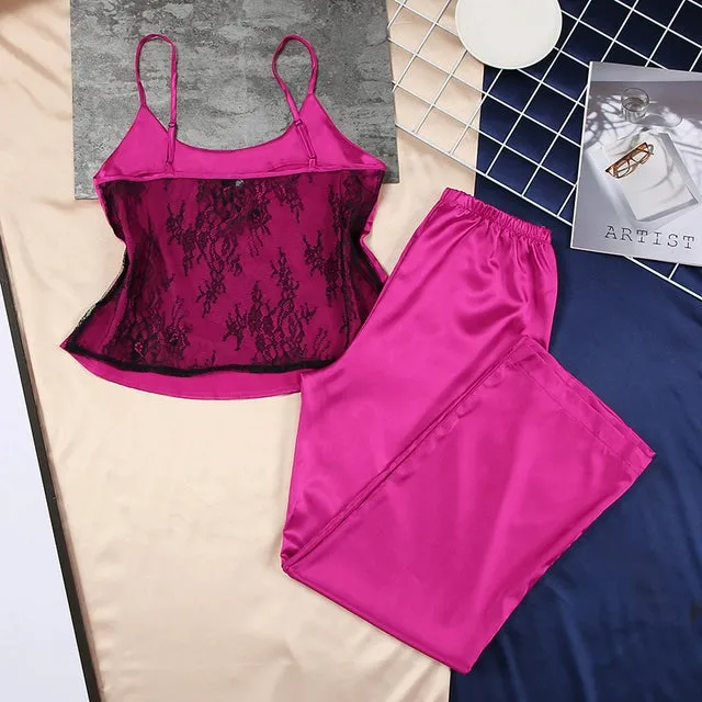 HiLoc Backless Satin Sexy Pajamas Black Lace Pajamas With Pa
