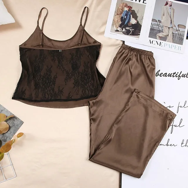 HiLoc Backless Satin Sexy Pajamas Black Lace Pajamas With Pa