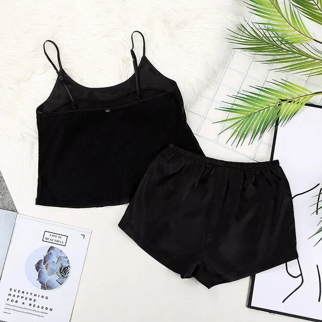 HiLoc Backless Satin Sexy Pajamas Black Lace Pajamas With Pa