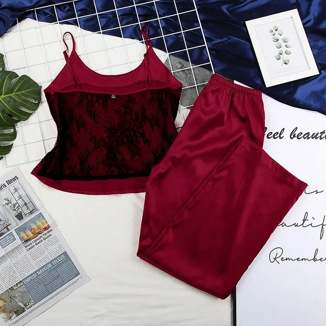 HiLoc Backless Satin Sexy Pajamas Black Lace Pajamas With Pa