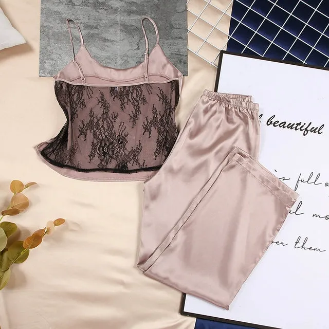 HiLoc Backless Satin Sexy Pajamas Black Lace Pajamas With Pa