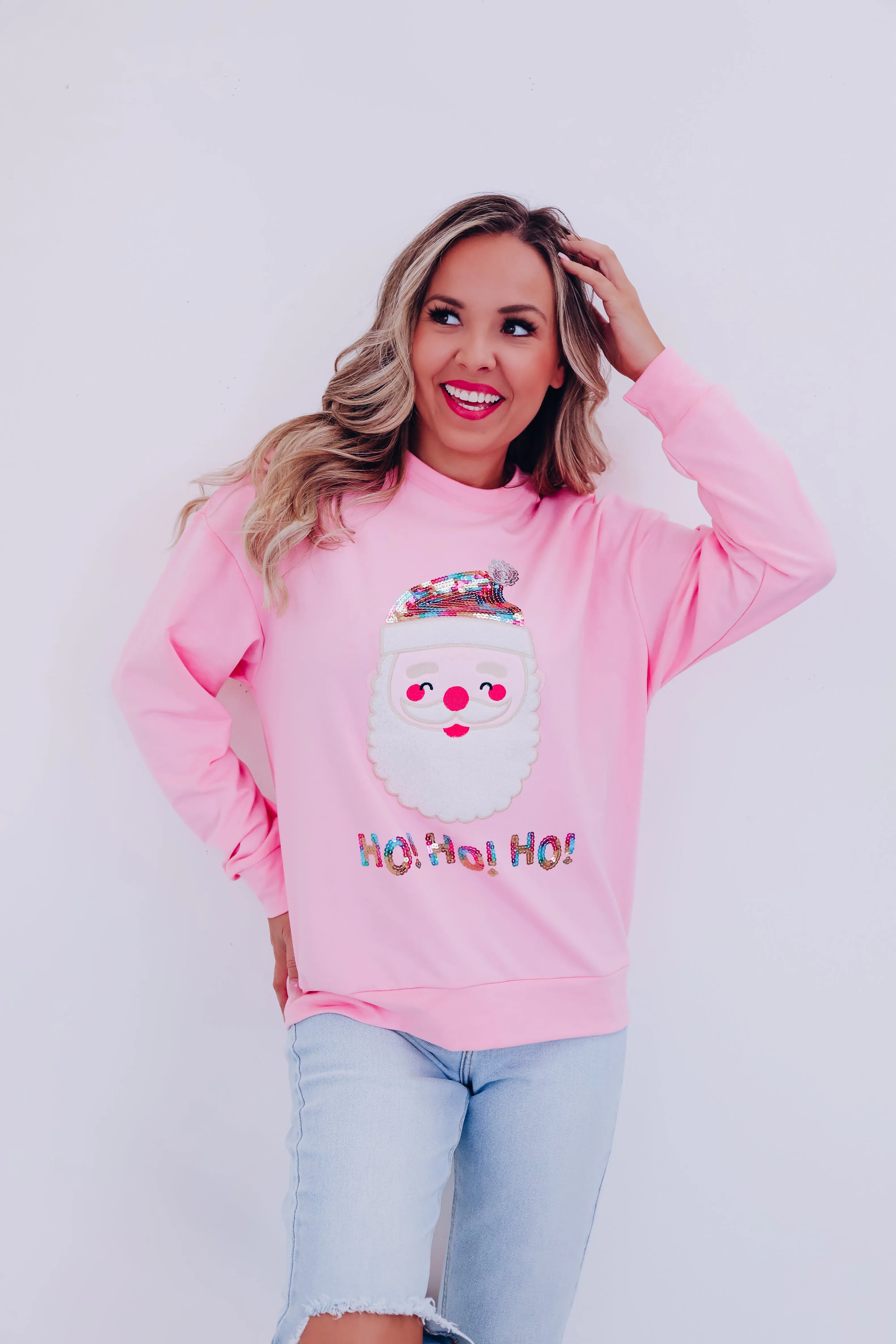 HO HO HO Santa Sweatshirt- Pink