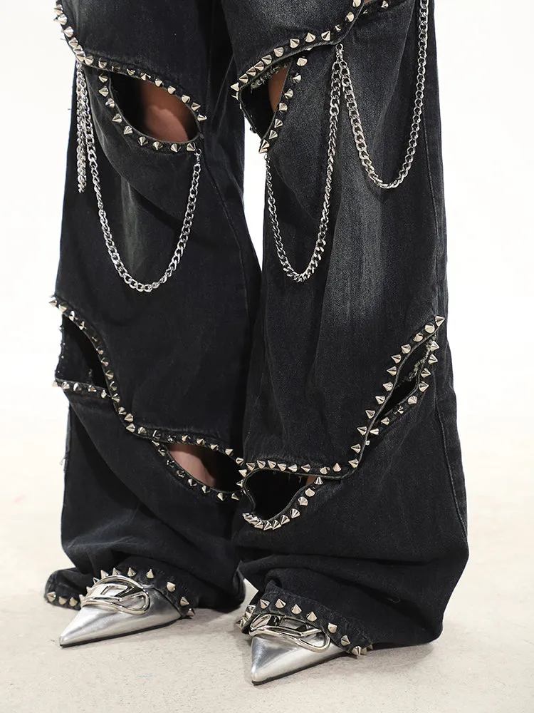 Industrial Deconstructed Chain Studded Denim Jeans