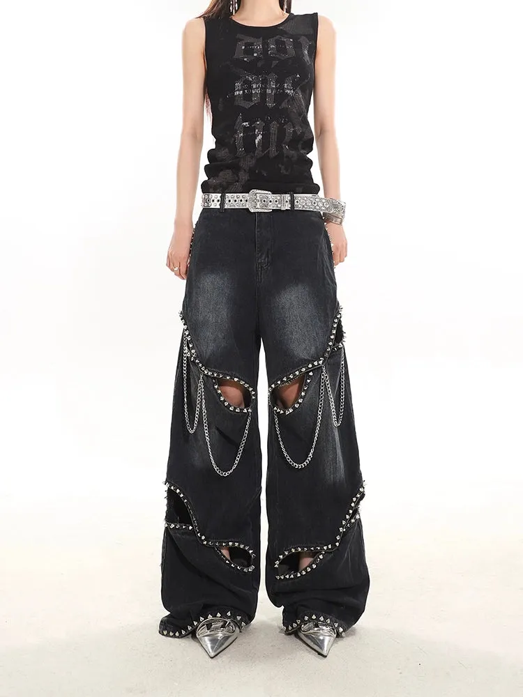 Industrial Deconstructed Chain Studded Denim Jeans