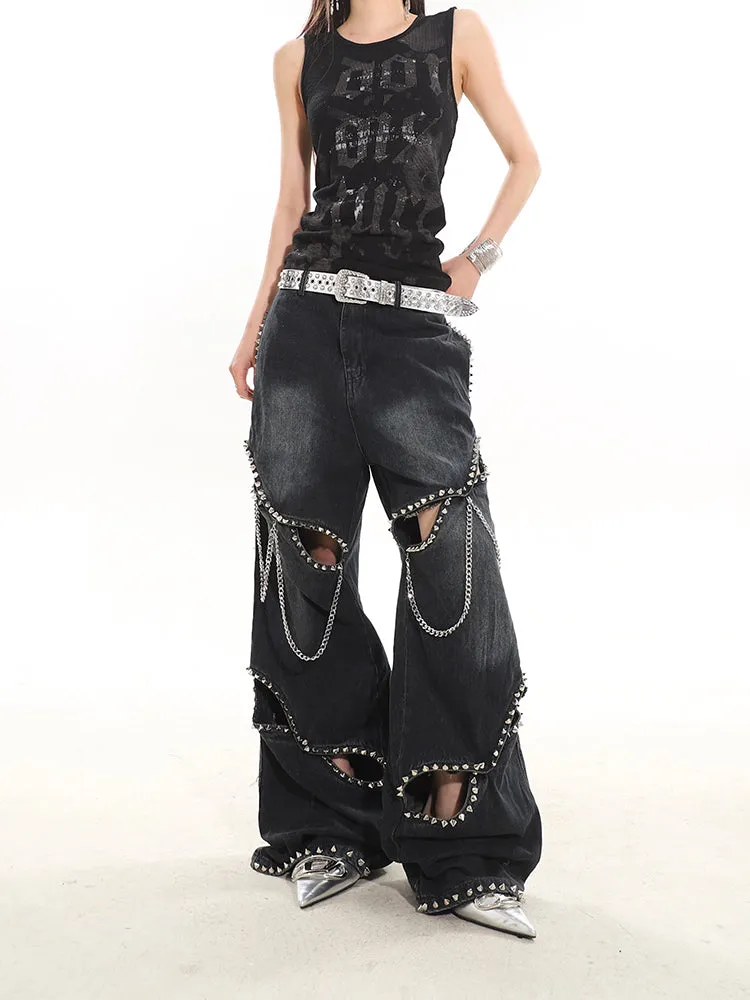 Industrial Deconstructed Chain Studded Denim Jeans