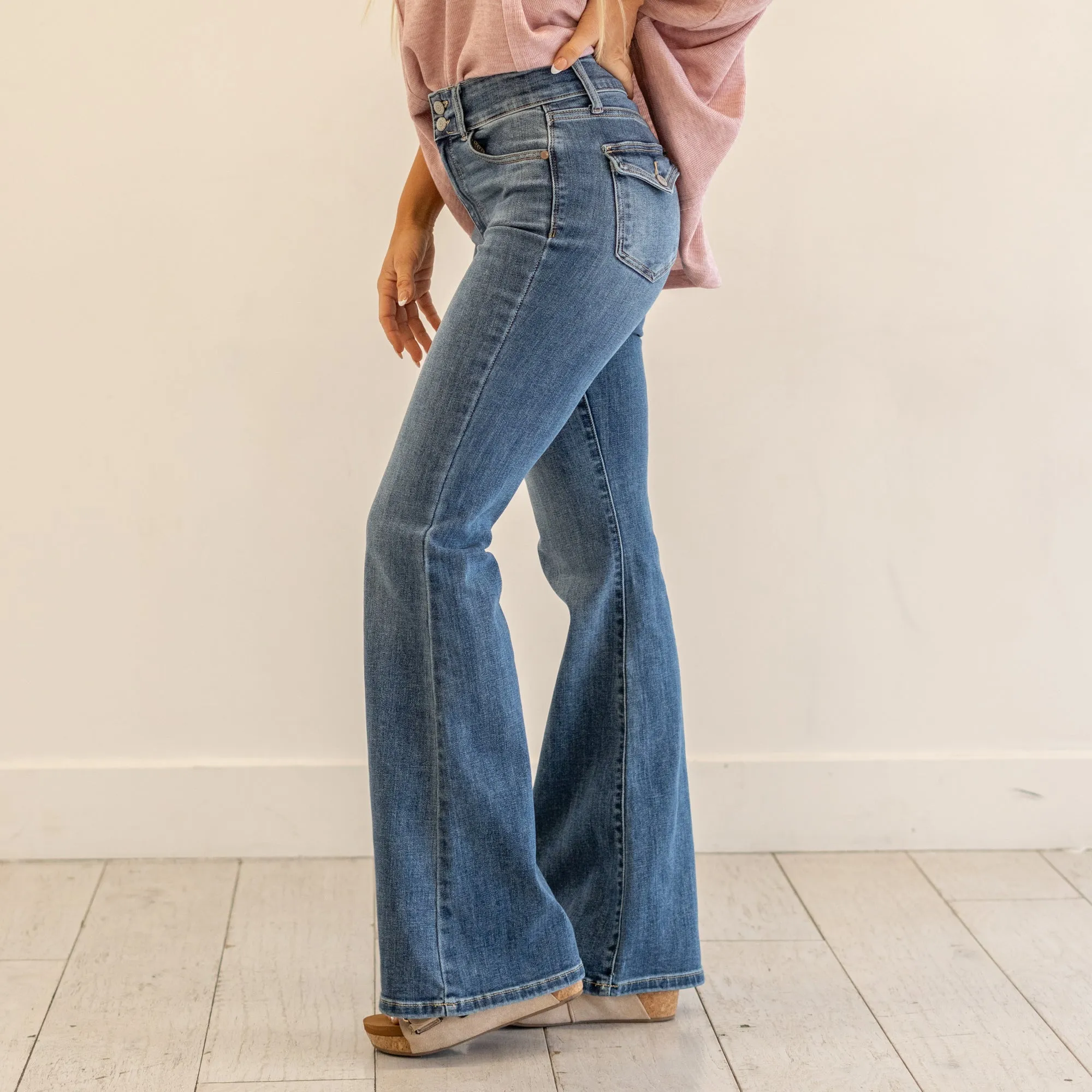 Jenny Double Button High Rise Flares Regular & Plus Sizes