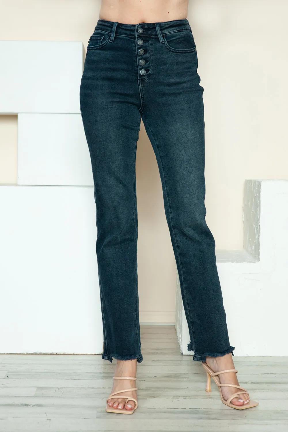 Judy Blue Full Size Button Fly Distressed Straight Jeans with Raw Hem