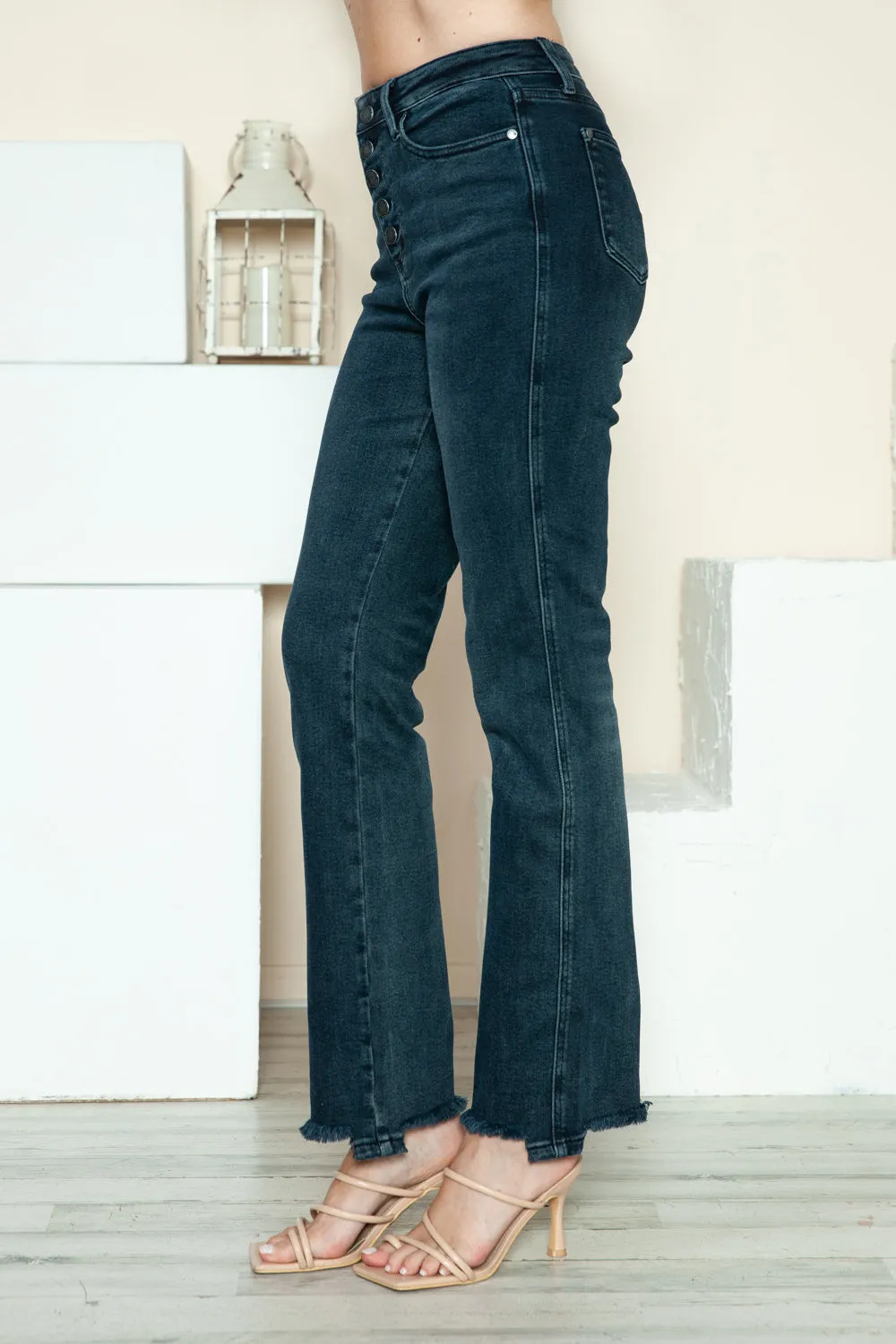 Judy Blue Full Size Button Fly Distressed Straight Jeans with Raw Hem