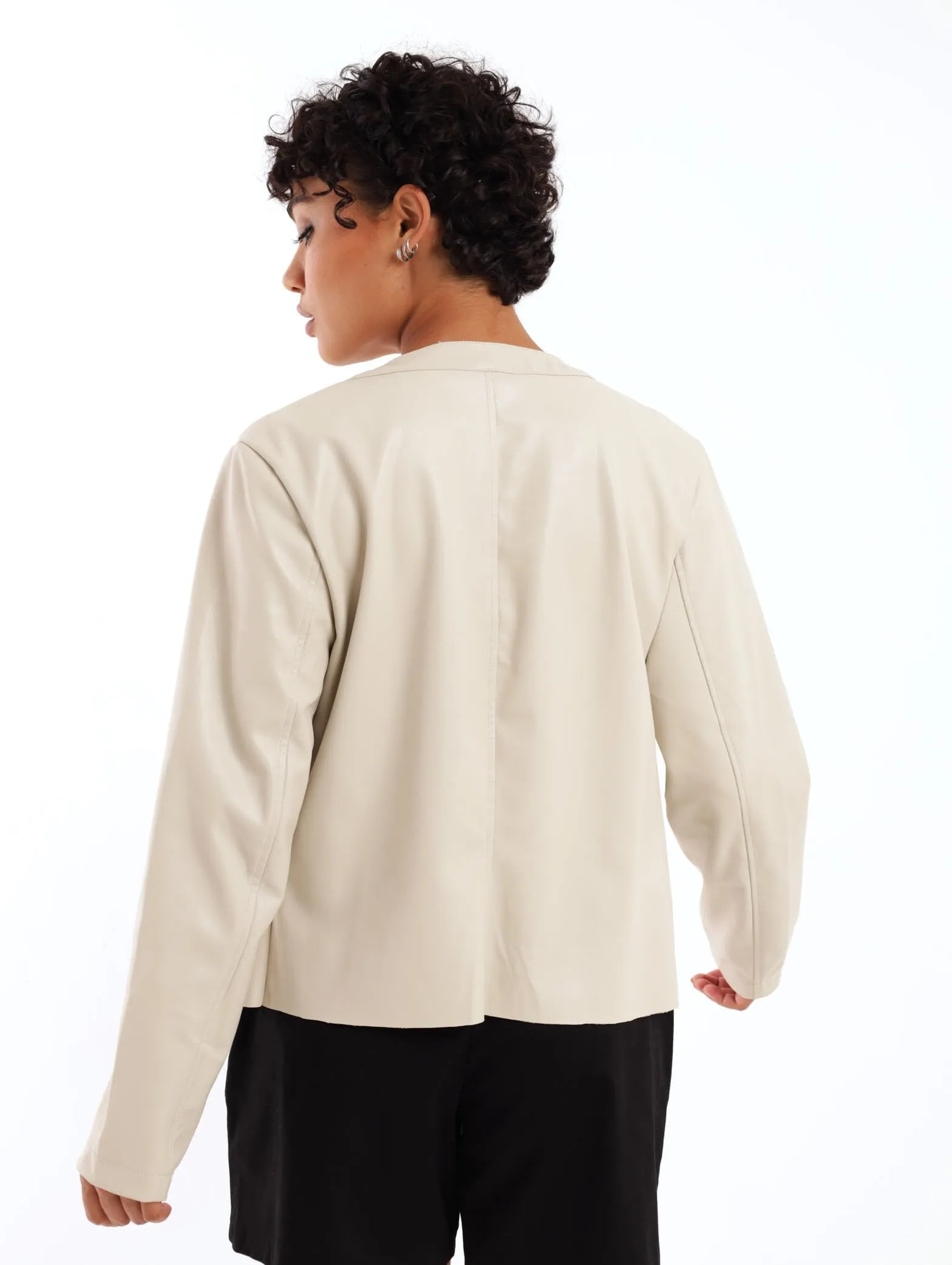 Ladies Long Sleeve Collarless PU Jacket - Cream