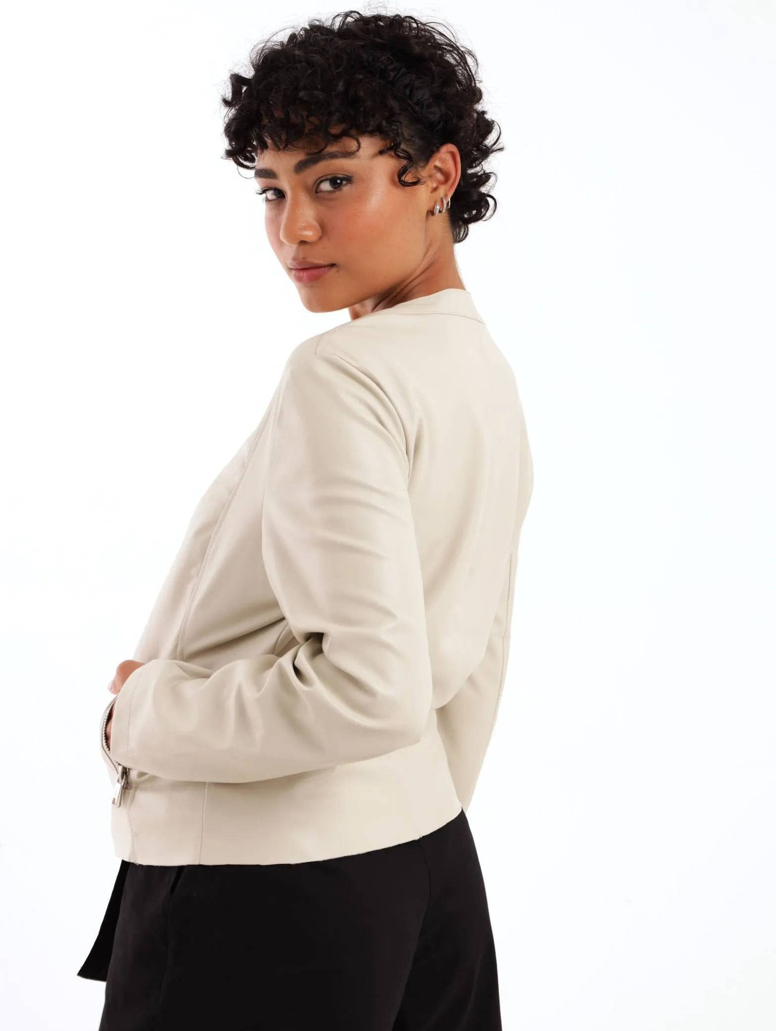 Ladies Long Sleeve Collarless PU Jacket - Cream