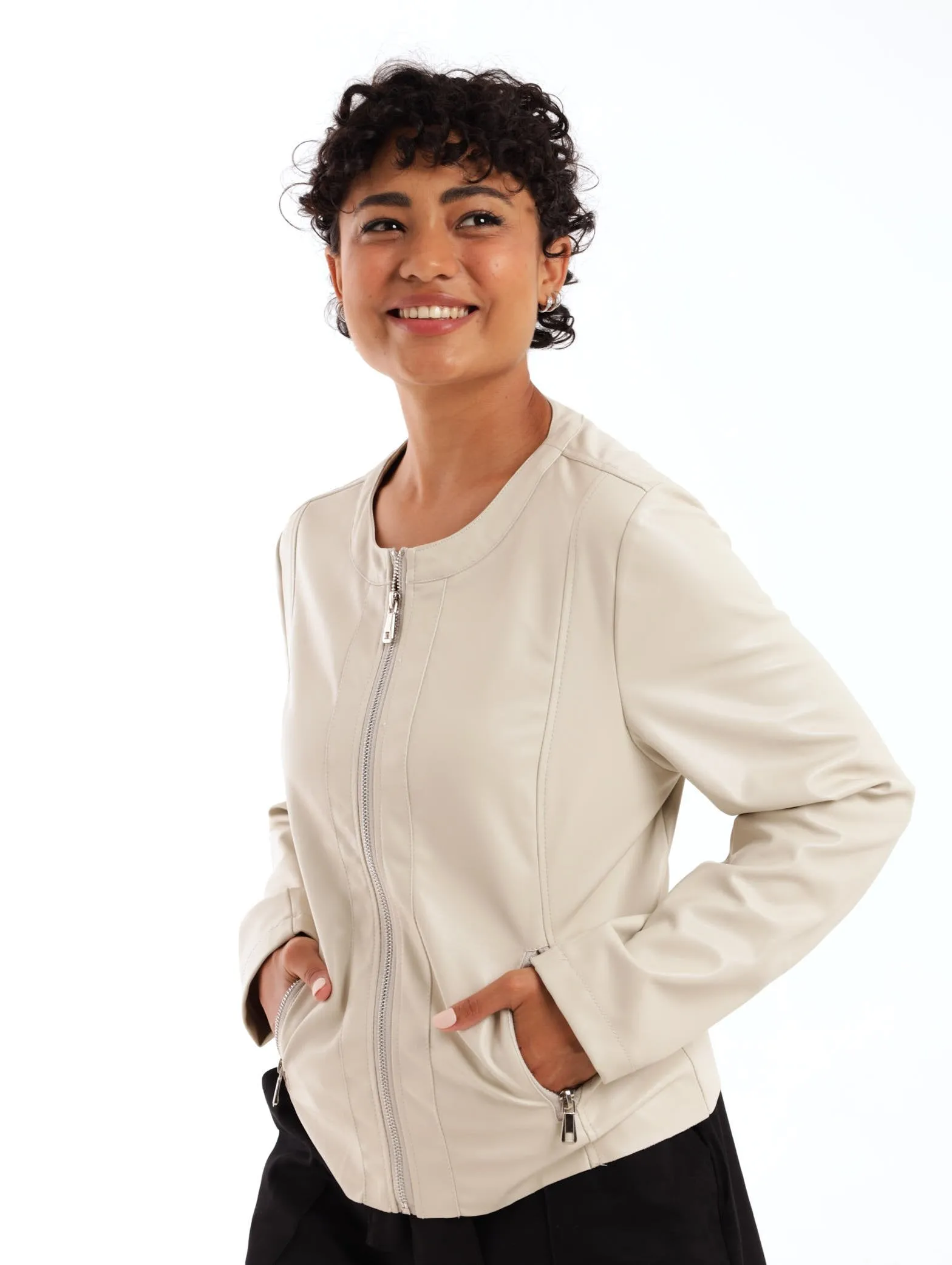 Ladies Long Sleeve Collarless PU Jacket - Cream