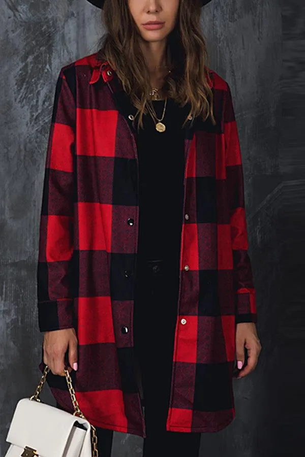 Lapel Plaid Long Sleeve Coat