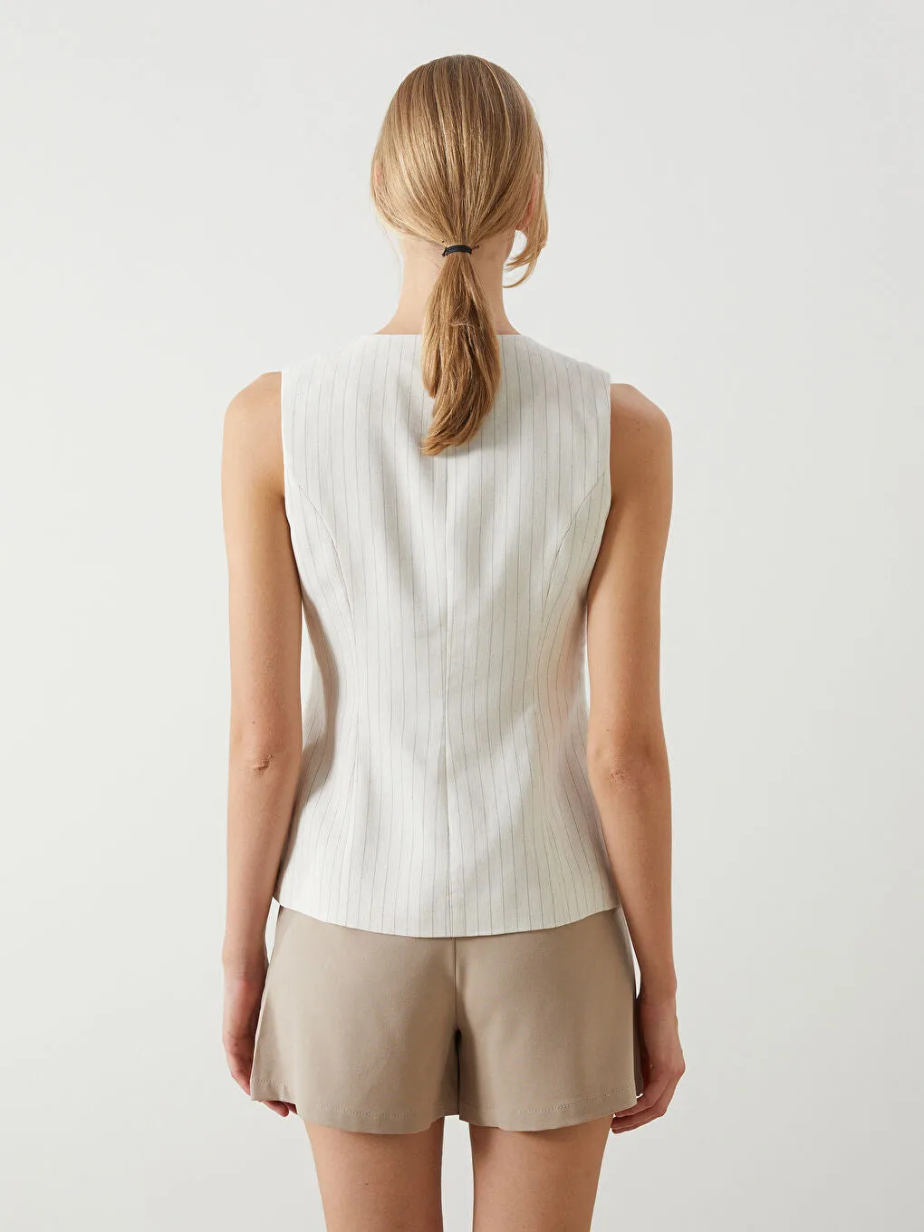 LCW Vision Beige Crew Neck Striped Linen Blend Women Classic Vest