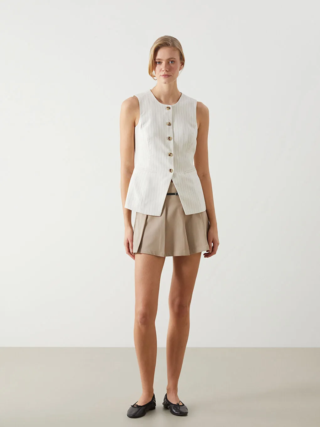 LCW Vision Beige Crew Neck Striped Linen Blend Women Classic Vest