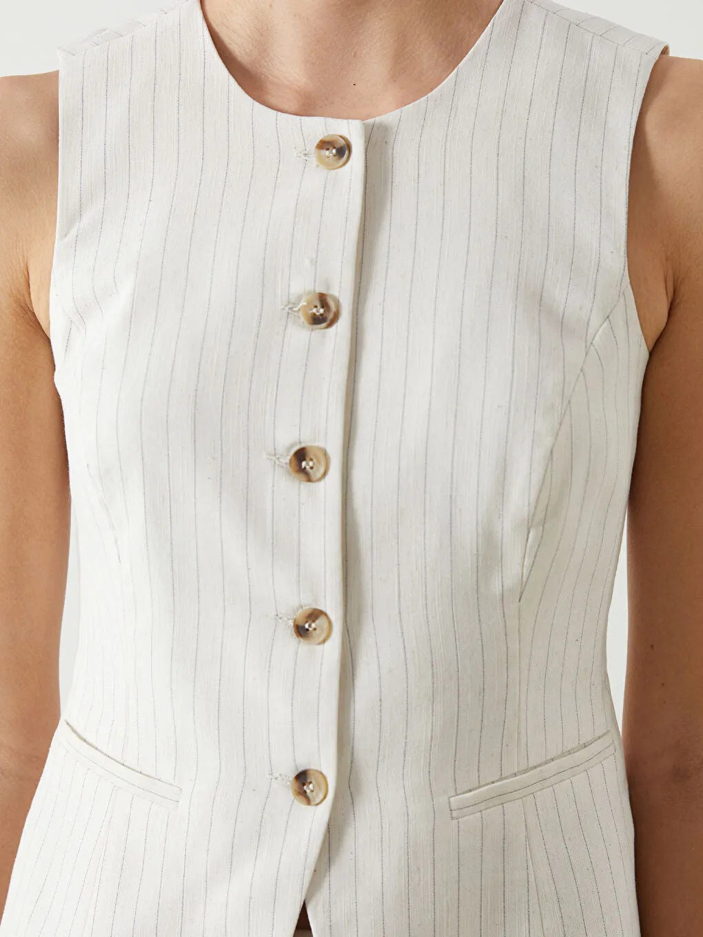 LCW Vision Beige Crew Neck Striped Linen Blend Women Classic Vest