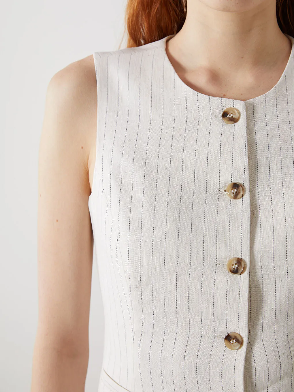 LCW Vision Beige Crew Neck Striped Linen Blend Women Classic Vest
