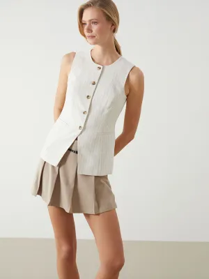 LCW Vision Beige Crew Neck Striped Linen Blend Women Classic Vest