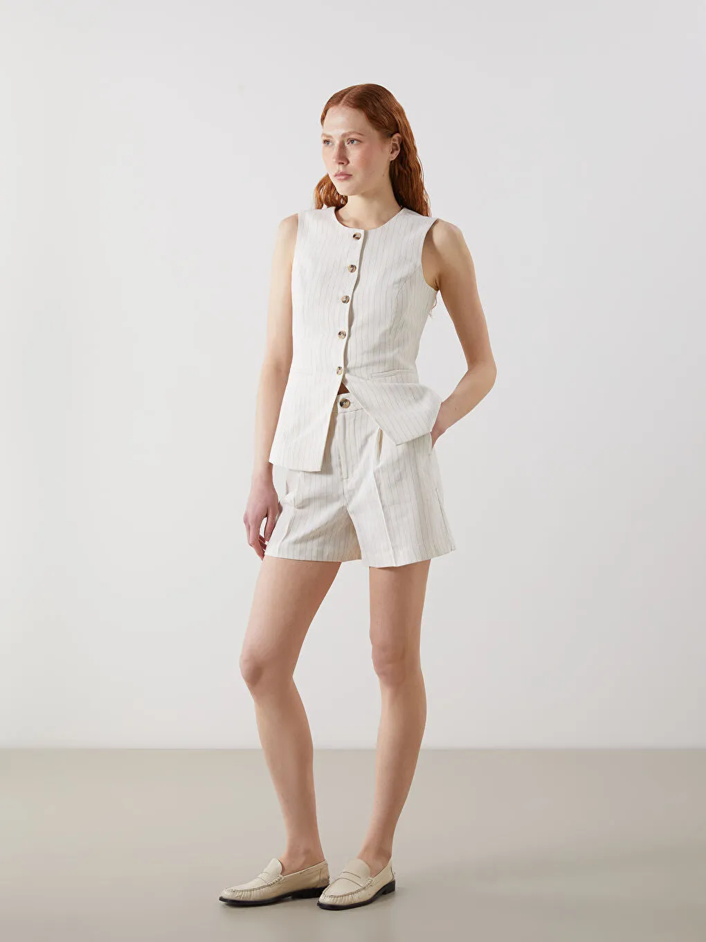 LCW Vision Beige Crew Neck Striped Linen Blend Women Classic Vest