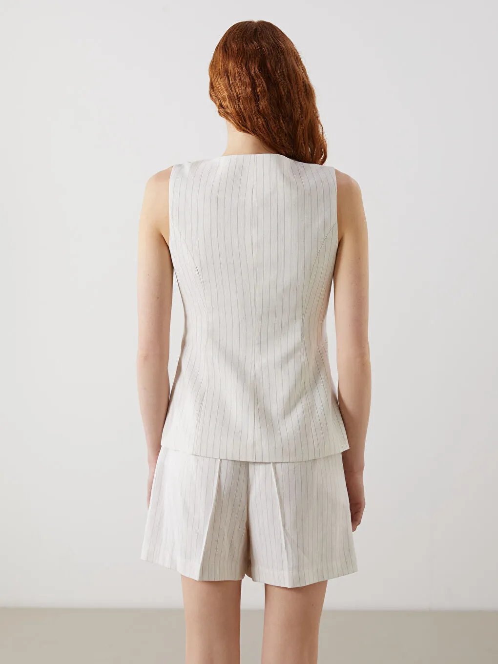 LCW Vision Beige Crew Neck Striped Linen Blend Women Classic Vest