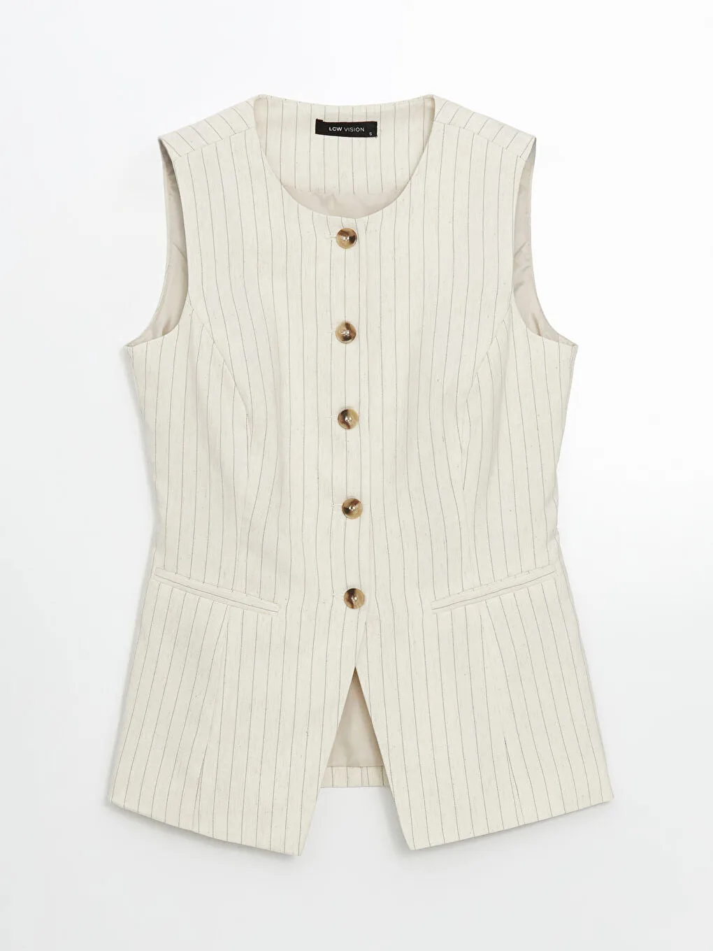 LCW Vision Beige Crew Neck Striped Linen Blend Women Classic Vest