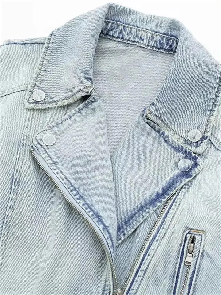 Light Blue Vintage Lapel Zipper Denim Jacket for Women