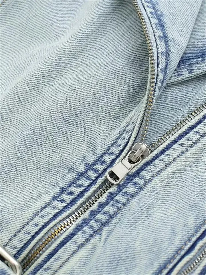 Light Blue Vintage Lapel Zipper Denim Jacket for Women