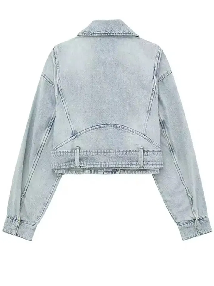 Light Blue Vintage Lapel Zipper Denim Jacket for Women